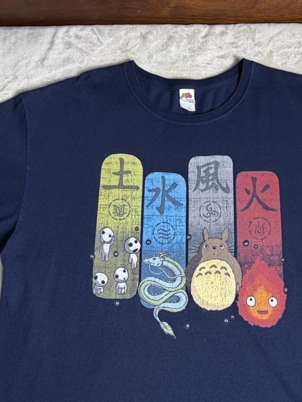 Studio Ghibli Elemental T-Shirt XL Totoro Calcifer Haku Kodama Anime Navy Tee